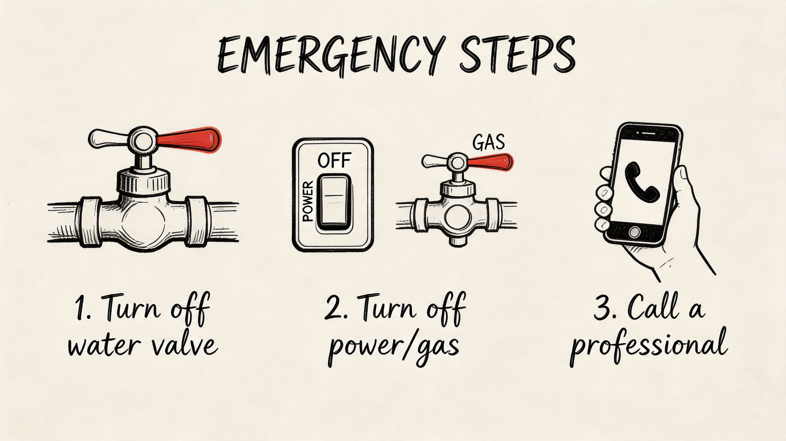 A diagram illustrating emergency steps to turn off water, power, gas, and call a professional for repairs.