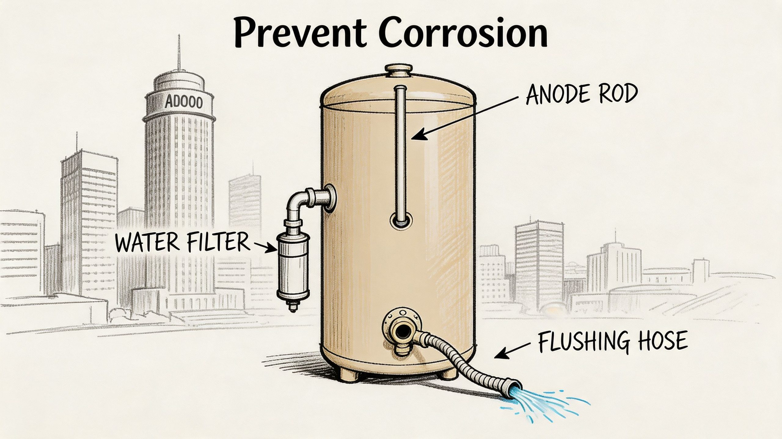 A diagram illustrating water heater components including an anode rod, water filter, and flushing hose to prevent corrosion.