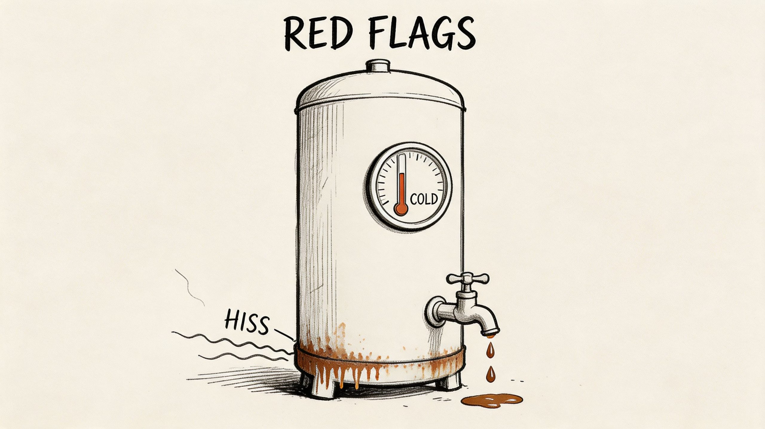 A conceptual illustration of a corroded water heater emitting a hissing sound with dirty leaking water.