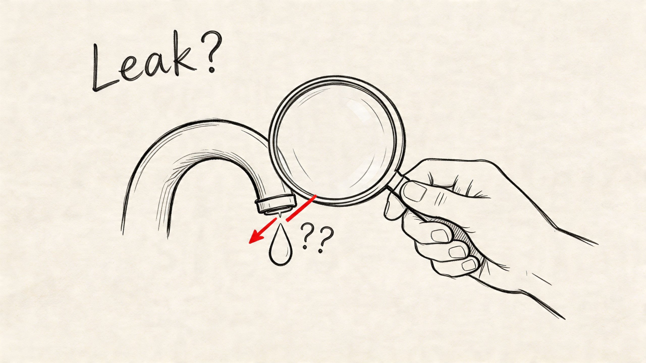 A hand holding a magnifying glass to inspect a water drop dripping from a faucet spout.