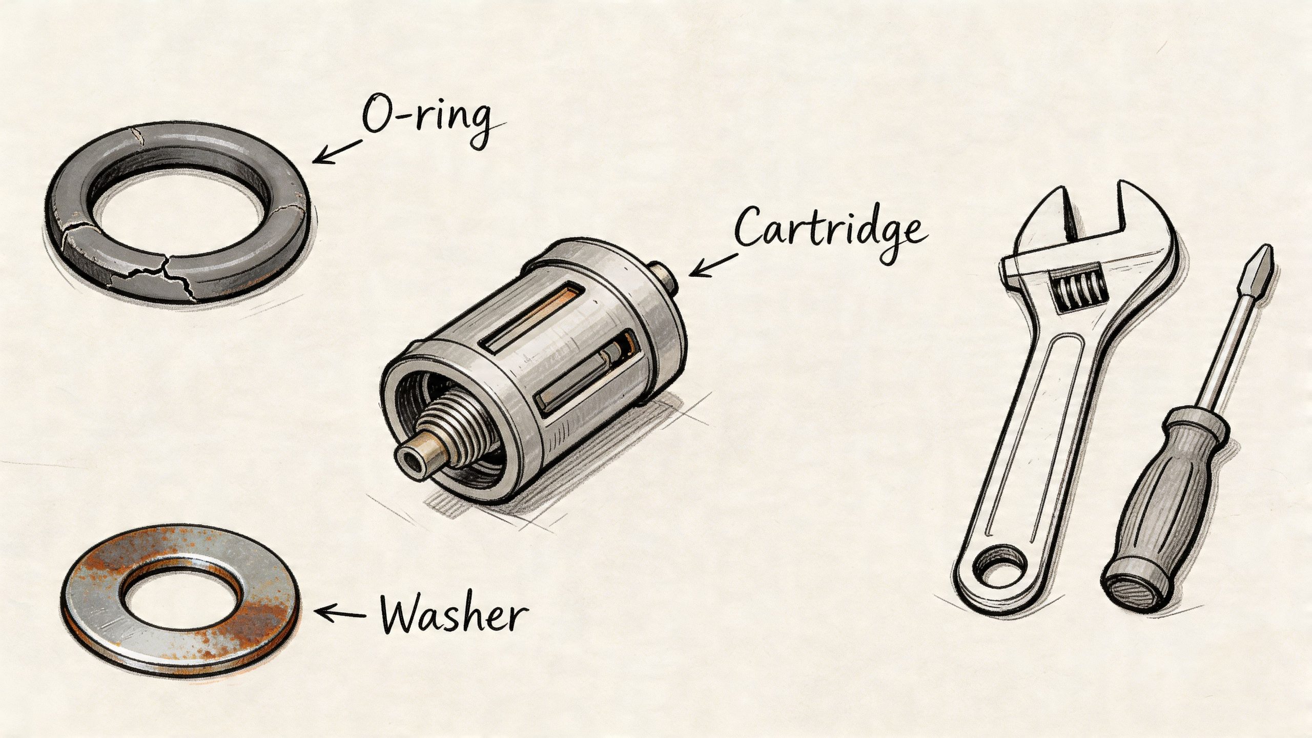 A sketched illustration of faucet repair parts including an O-ring, a cartridge, a washer, a wrench, and a screwdriver.