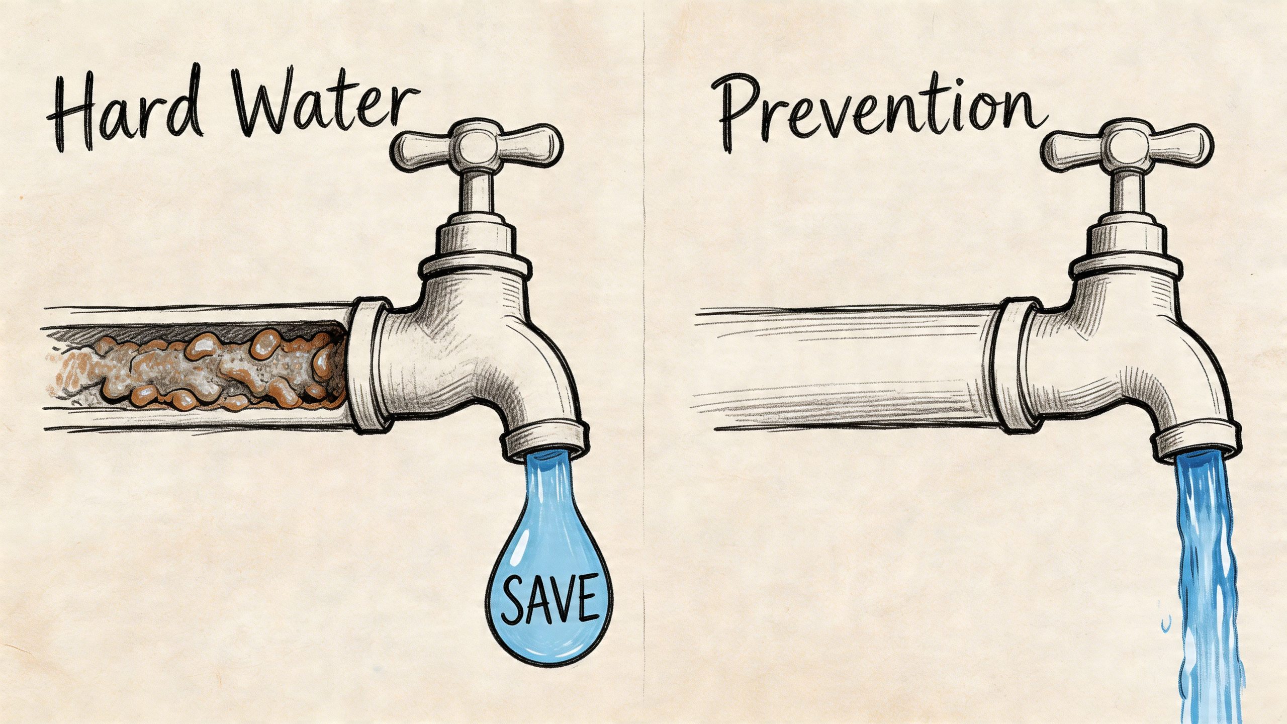 A diagram comparing a faucet with mineral buildup from hard water versus a clean, free-flowing faucet.
