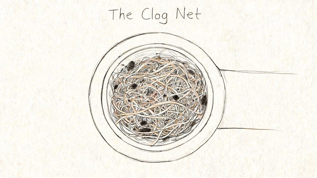 A hand-drawn illustration showing a bathroom drain filled with a tangled mess of human hair strands.