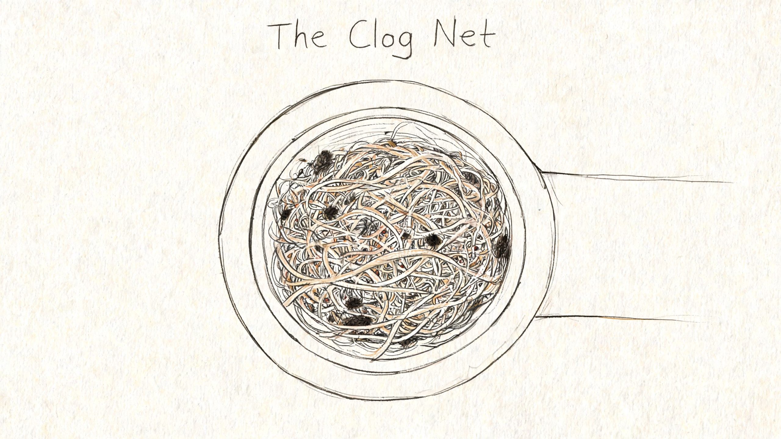 A hand-drawn illustration showing a bathroom drain filled with a tangled mess of human hair strands.