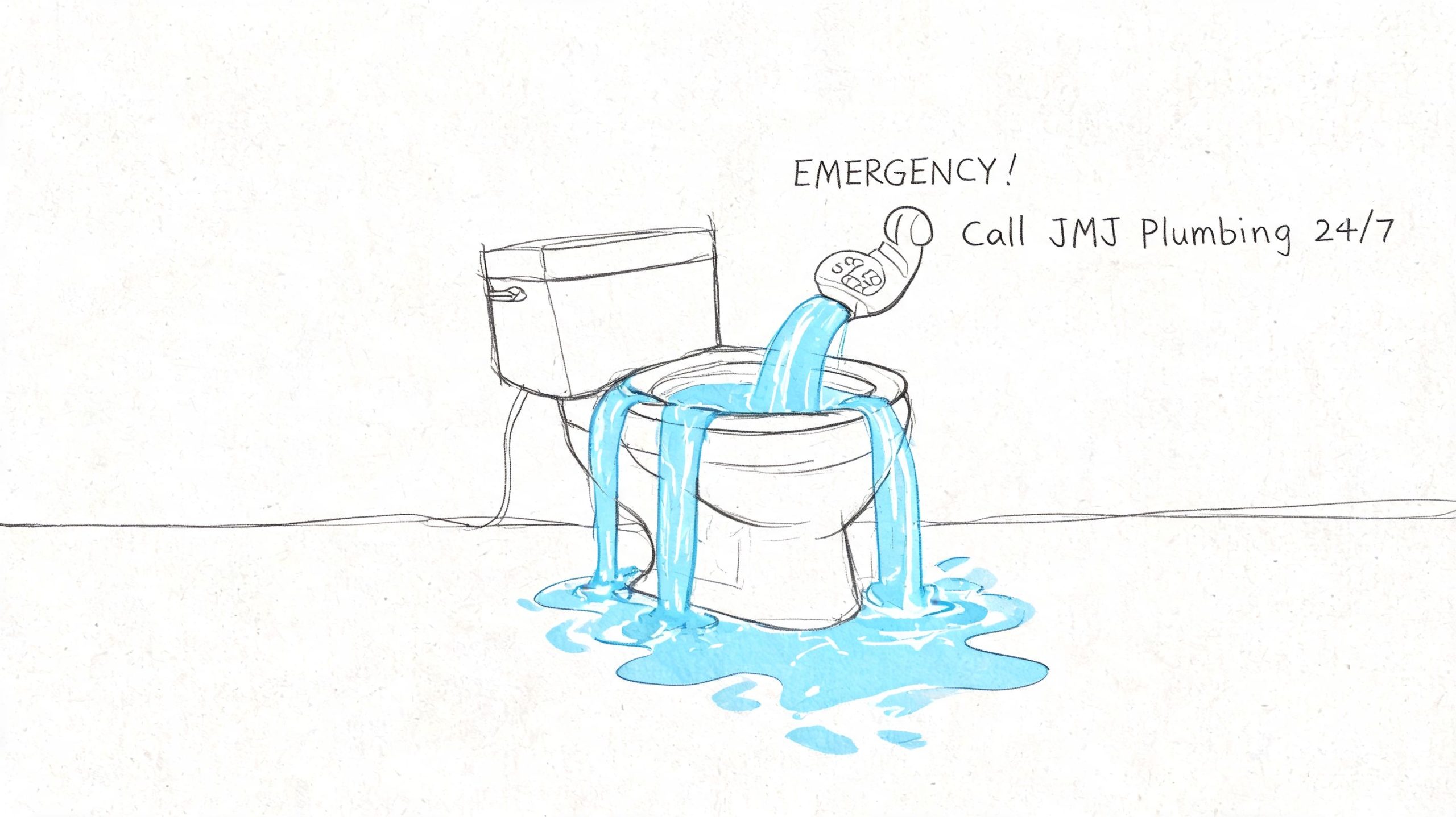 A hand-drawn illustration of a toilet overflowing with water, suggesting a need for plumbing services.