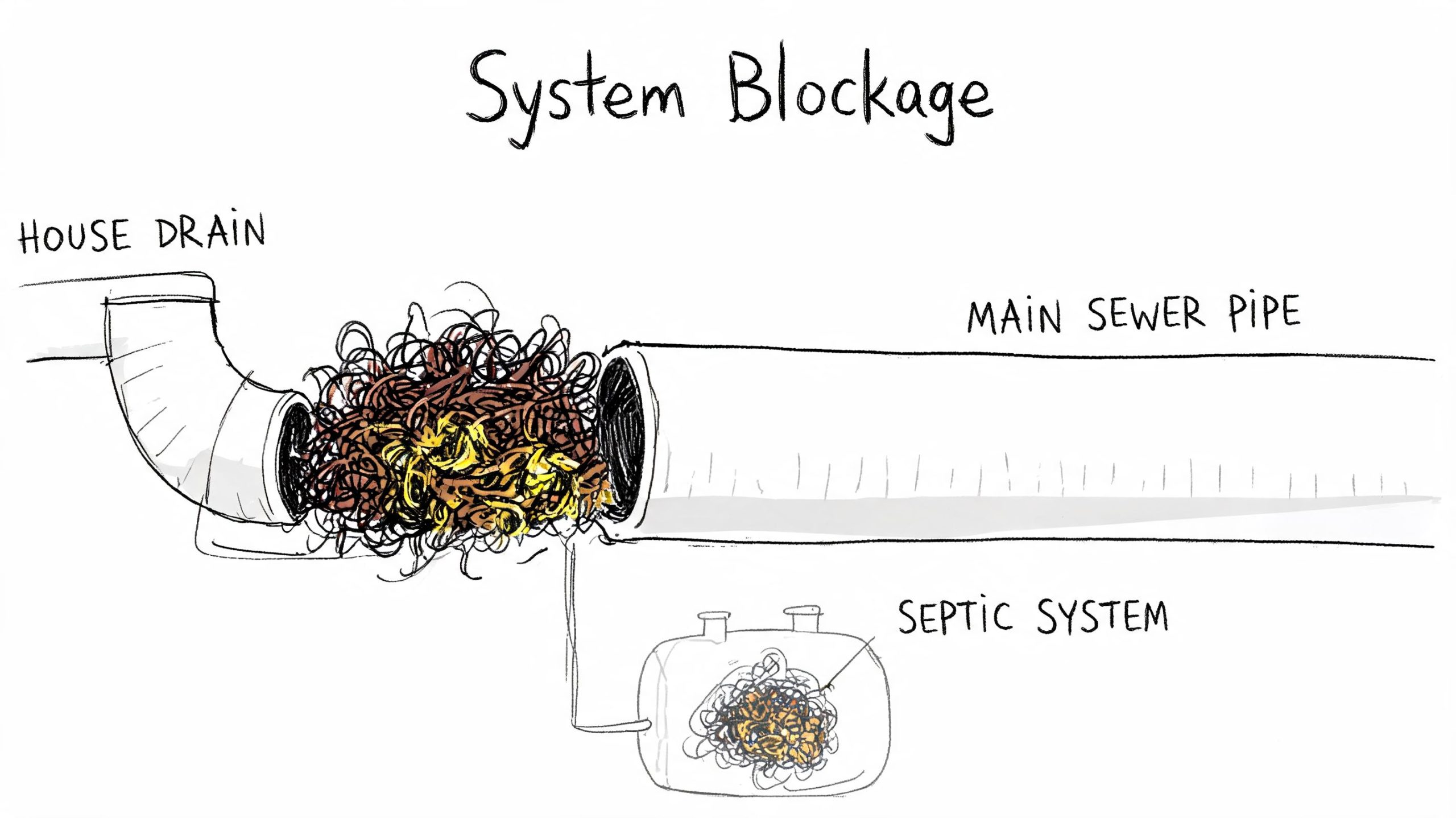A diagram illustrating a system blockage caused by hair and debris clogging a house sewer drain pipe.