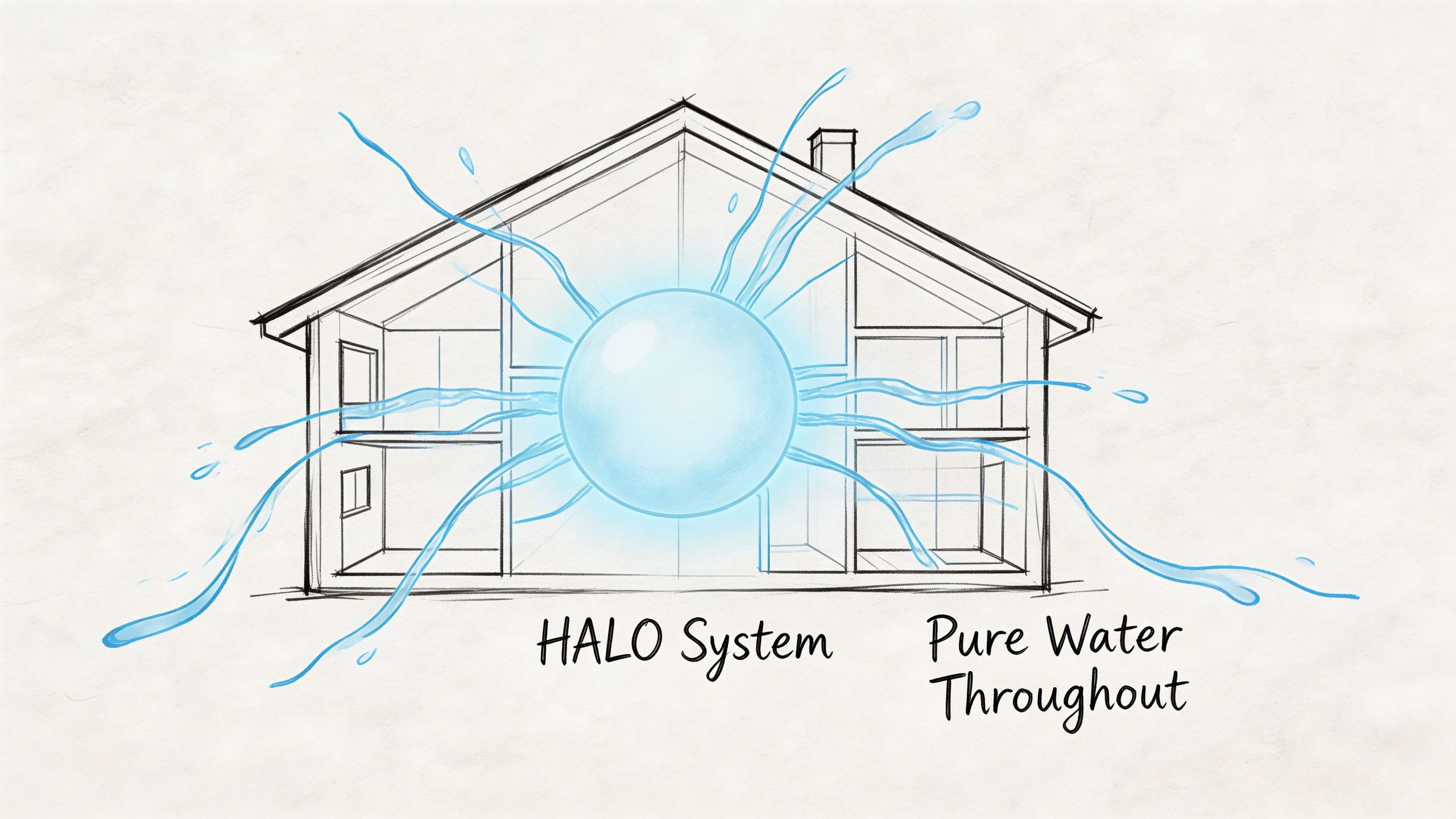 A line drawing of a house with a glowing blue orb representing a whole house water system.