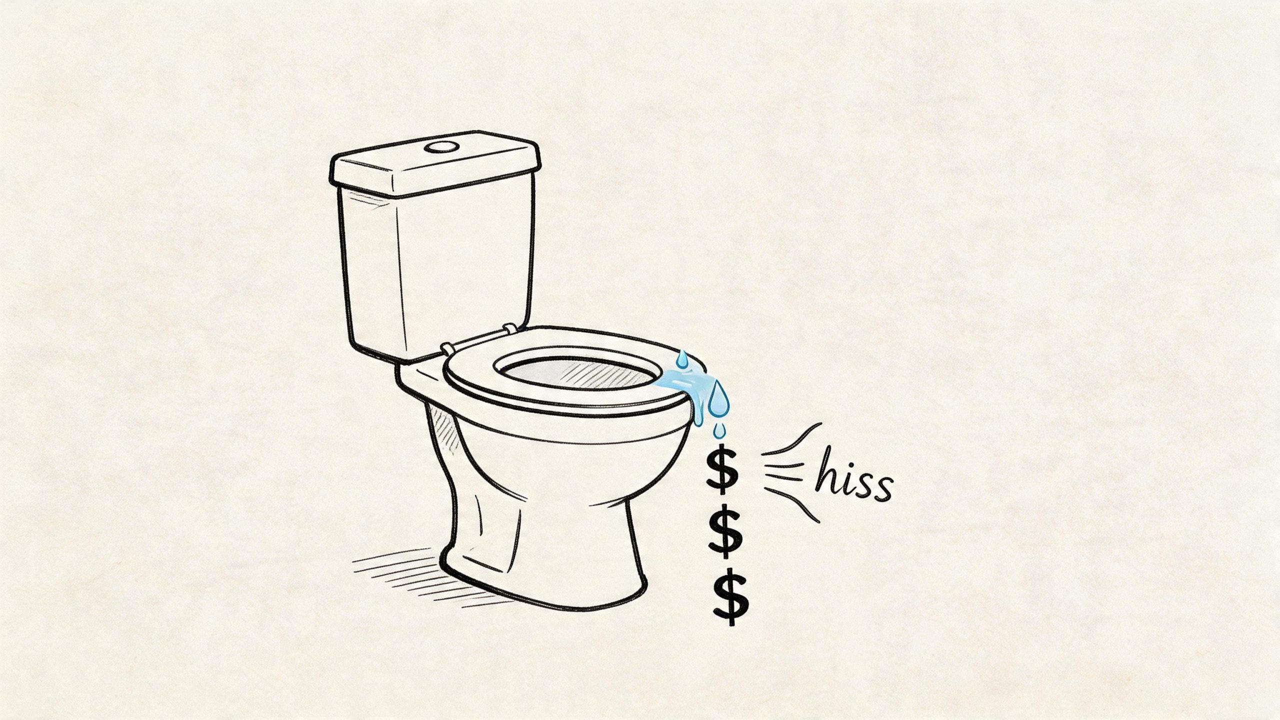 A line drawing of a leaking toilet with dollar signs indicating water waste and cost.