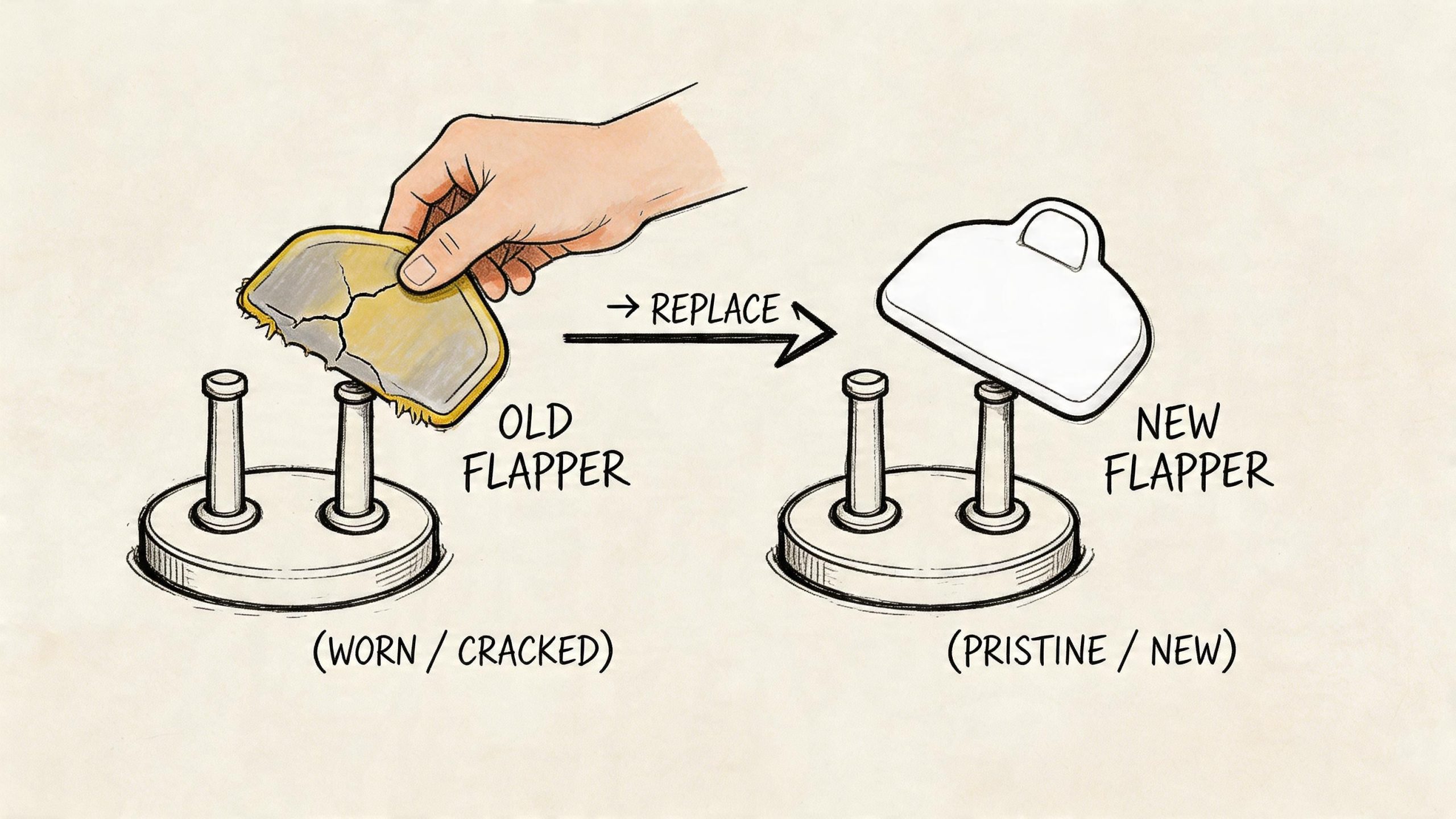 An illustration showing a hand replacing a cracked, worn-out toilet flapper with a new, pristine replacement unit.