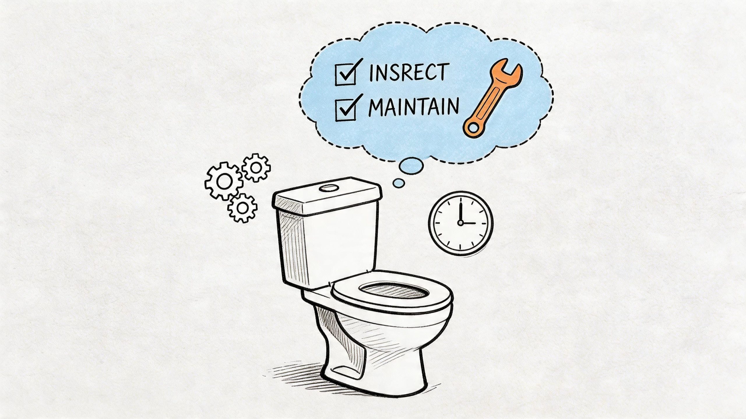 A hand-drawn illustration of a toilet with a thought bubble listing inspection and maintenance tasks.
