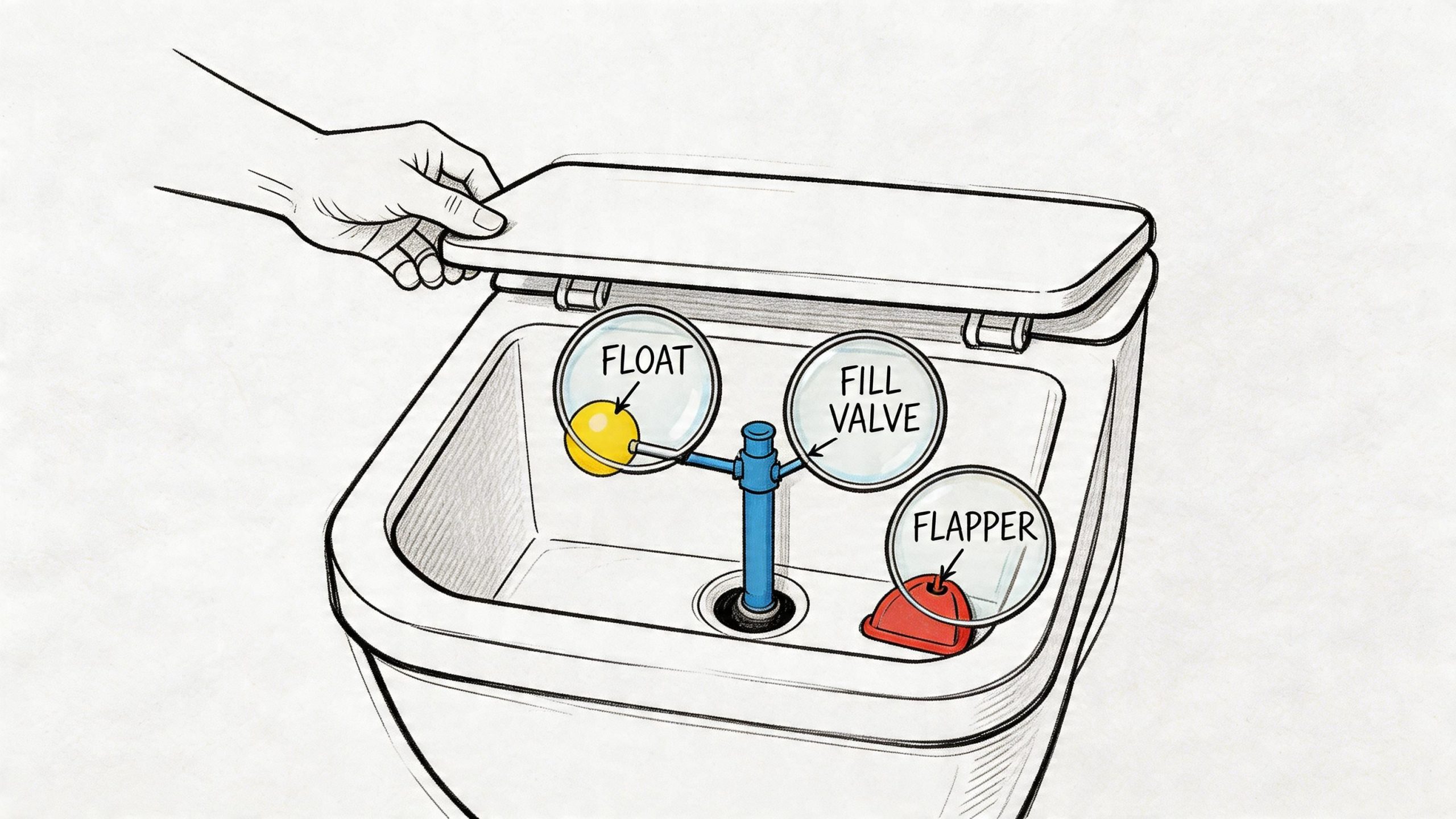 A line drawing showing the interior components of a toilet tank including the float, fill valve, and flapper.