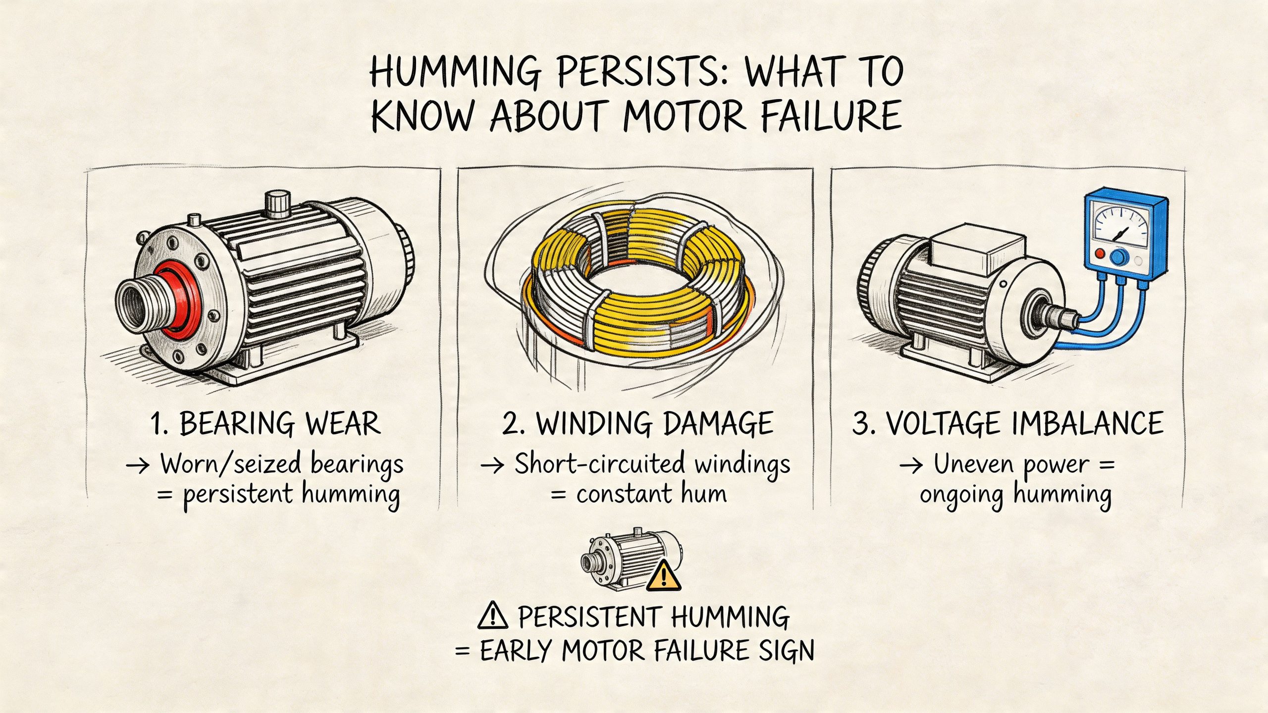 A diagram illustrating three common causes of electric motor humming, including bearing wear, winding damage, and voltage imbalance.