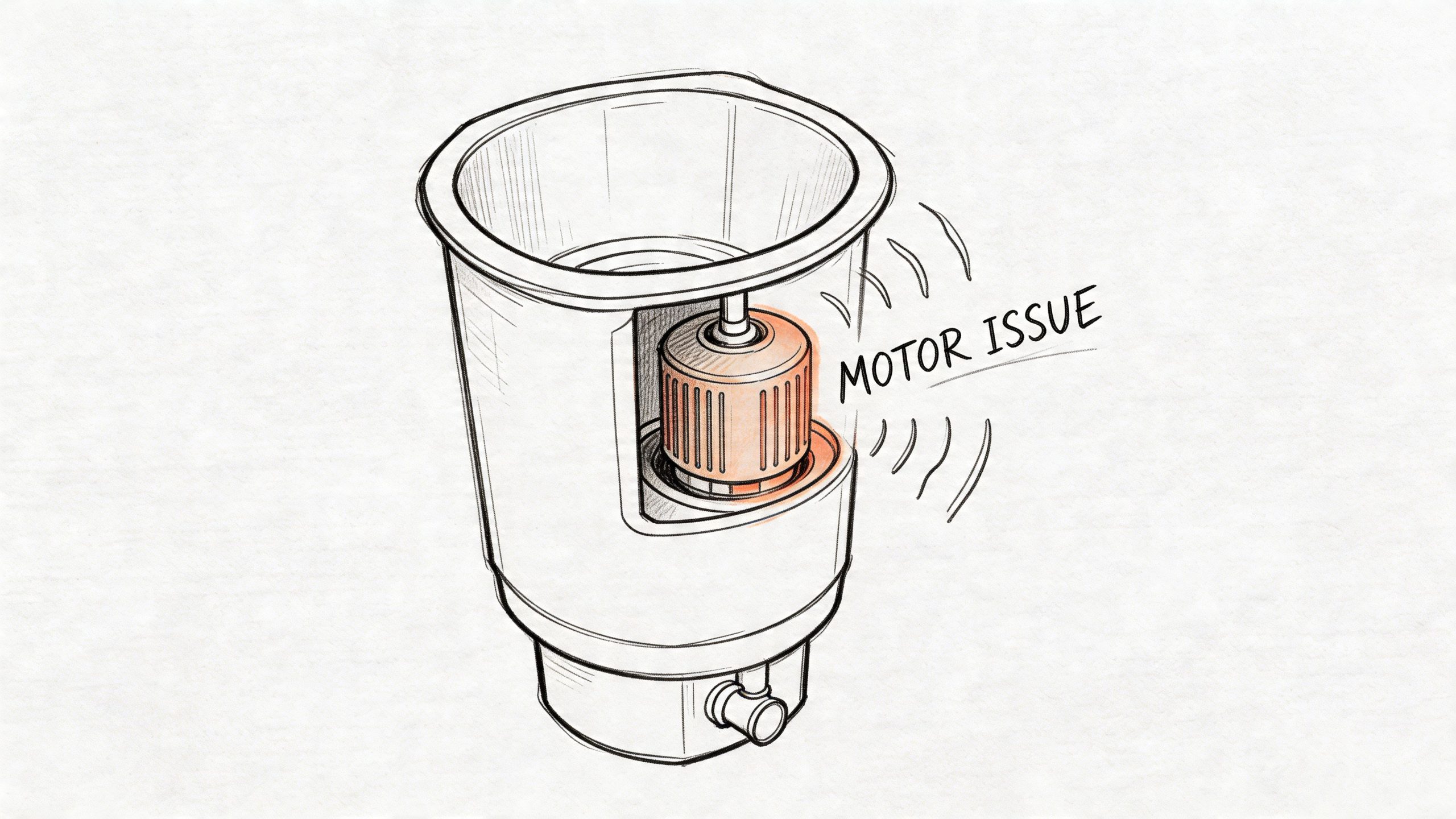 A hand-drawn sketch of a garbage disposal unit with a highlighted motor section labeled motor issue.