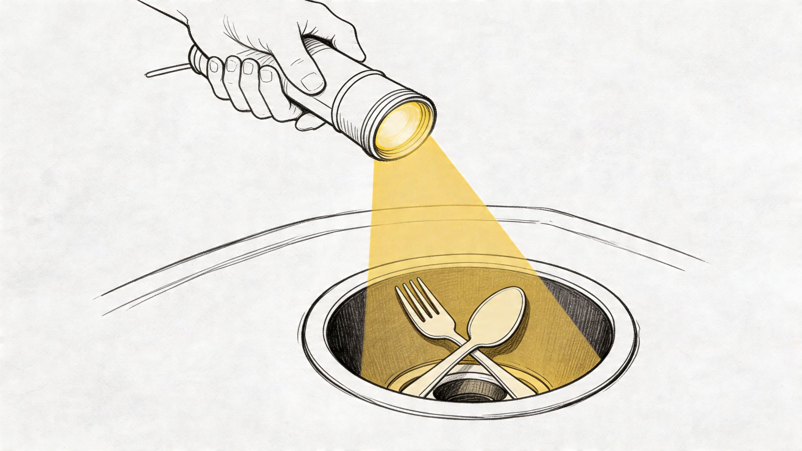 A hand holds a flashlight shining light into a kitchen sink to inspect the garbage disposal unit.