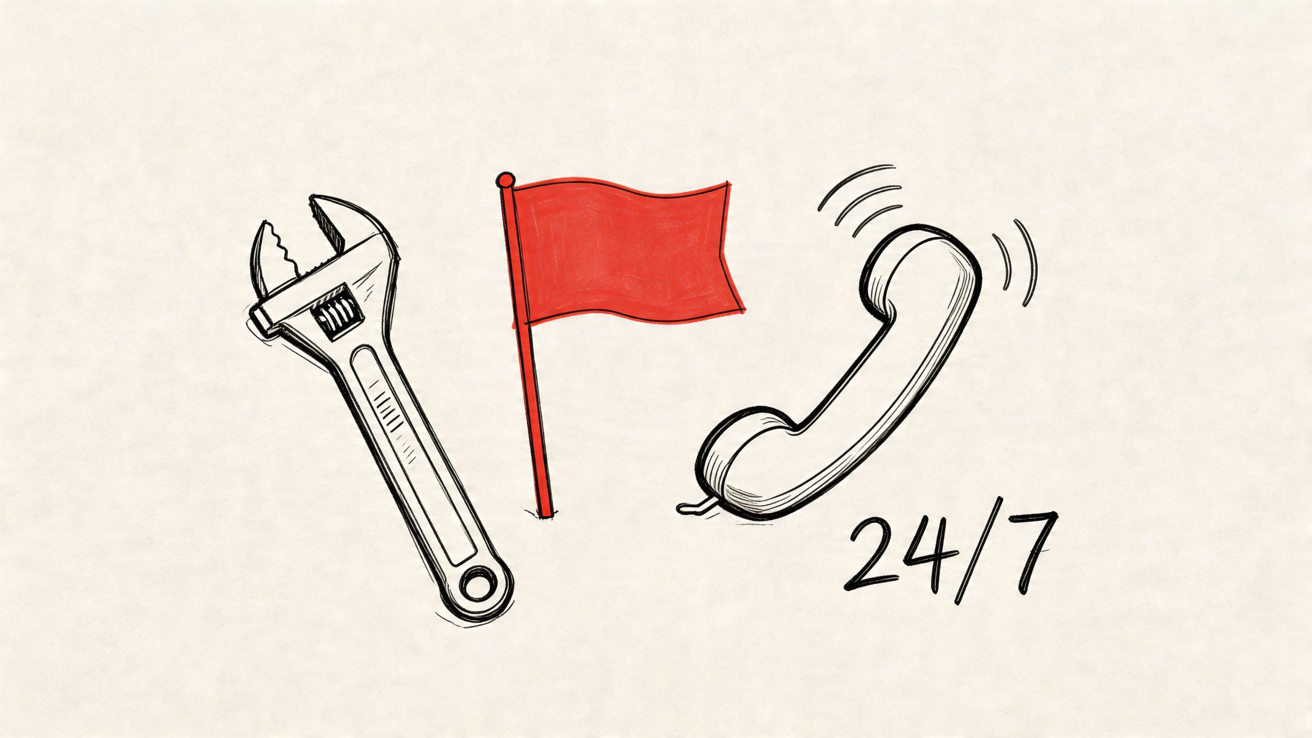 A hand-drawn illustration depicting a wrench, a red flag, and a ringing telephone with 24/7 text.