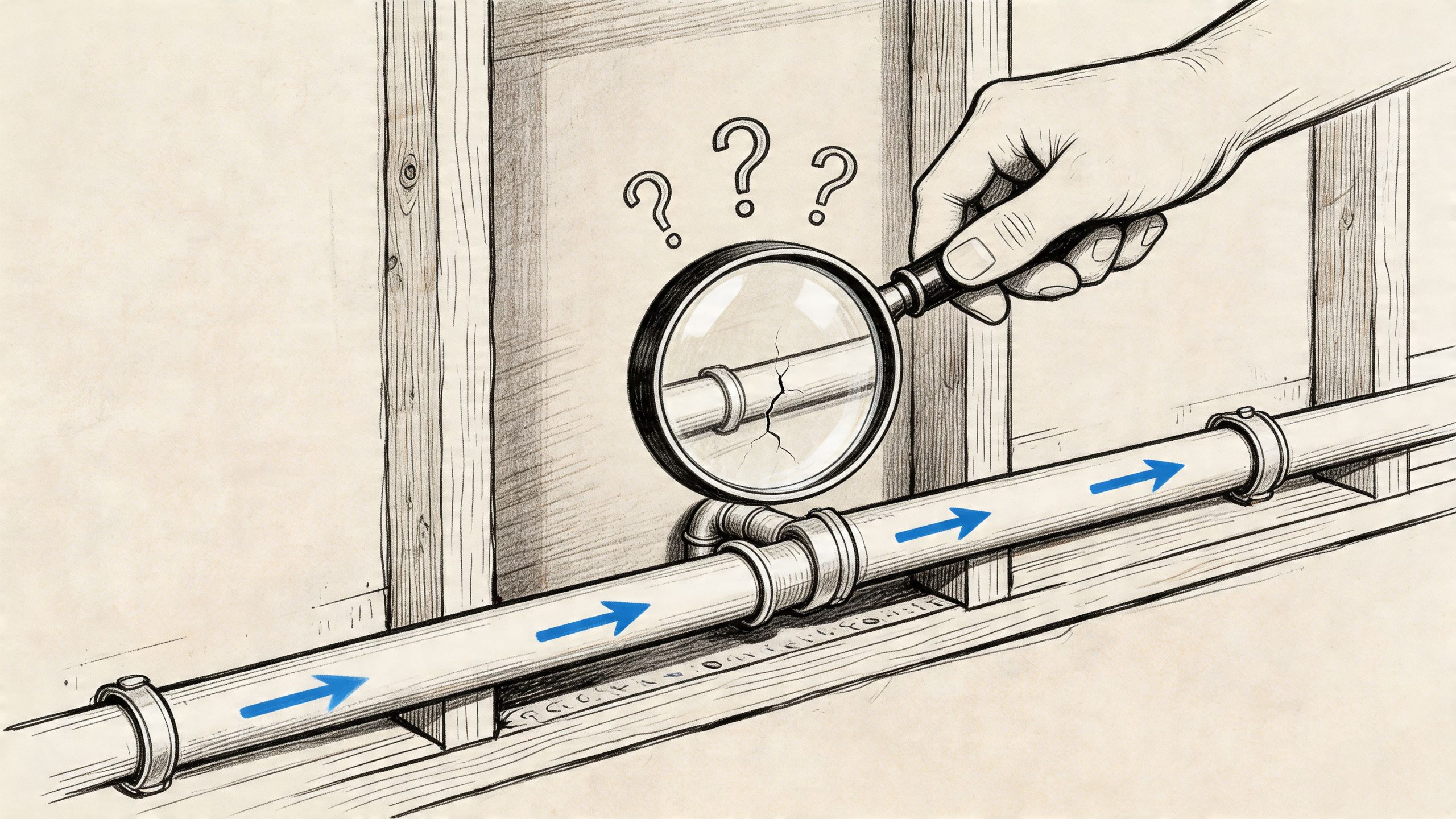 A hand holds a magnifying glass over a leaking wall pipe, illustrating a plumbing inspection scenario.