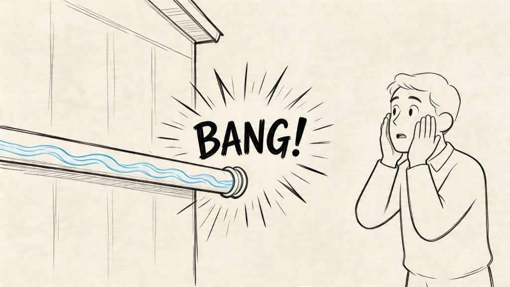 A surprised man holding his face near a pipe on a wall experiencing a water hammer effect.
