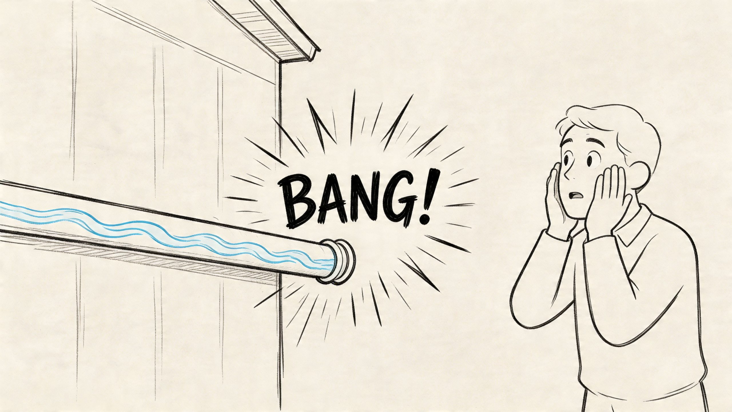 A surprised man holding his face near a pipe on a wall experiencing a water hammer effect.