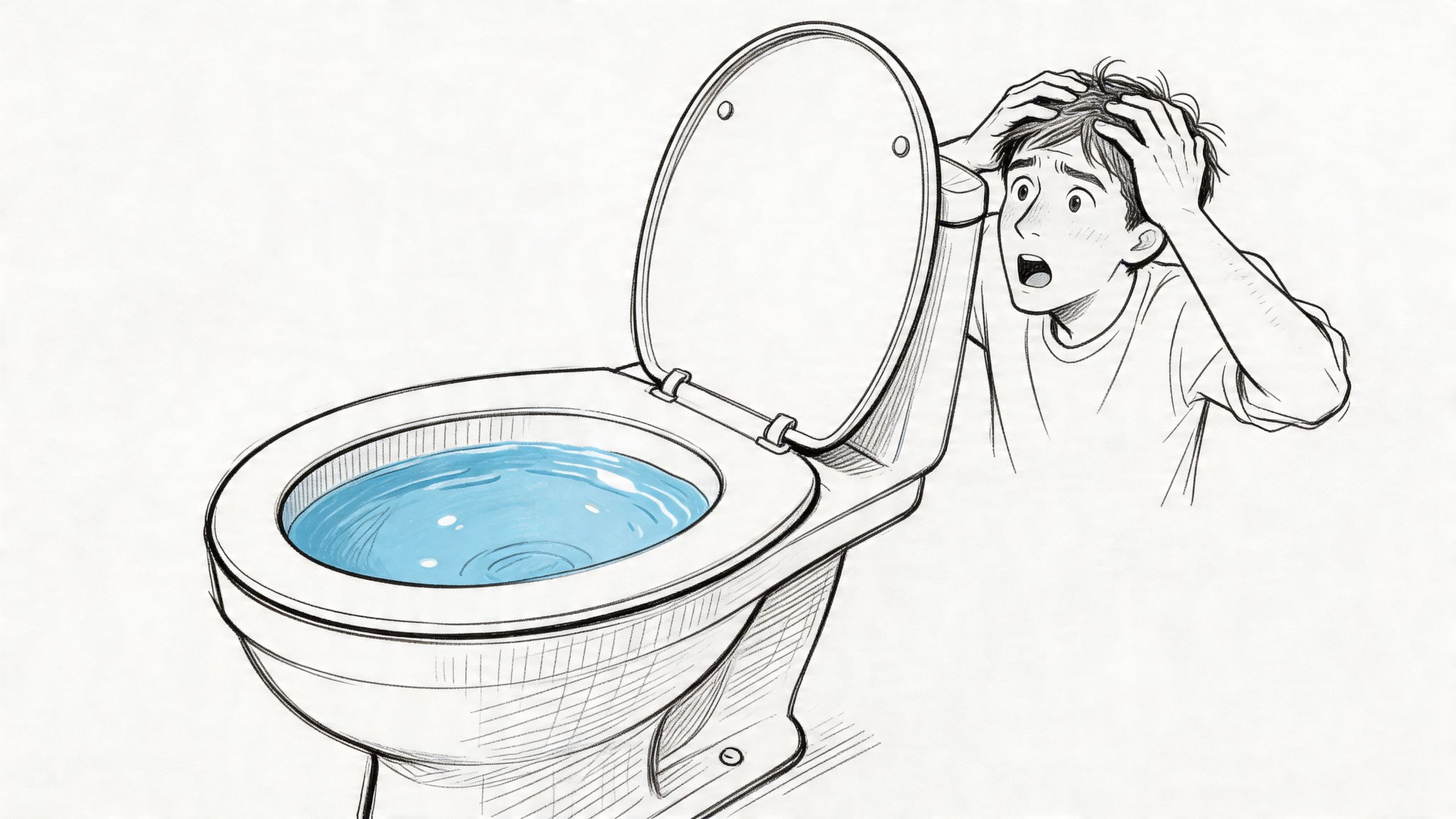 A shocked young man holding his head in distress while looking into a full, clogged toilet.