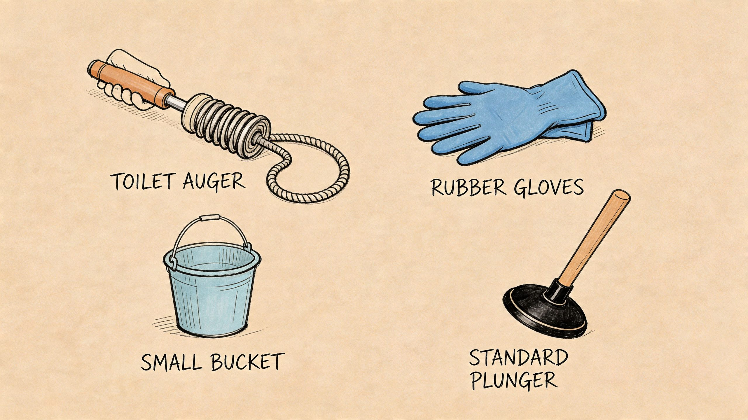 A hand-drawn illustration showing plumbing tools including a toilet auger, rubber gloves, a small bucket, and a plunger.