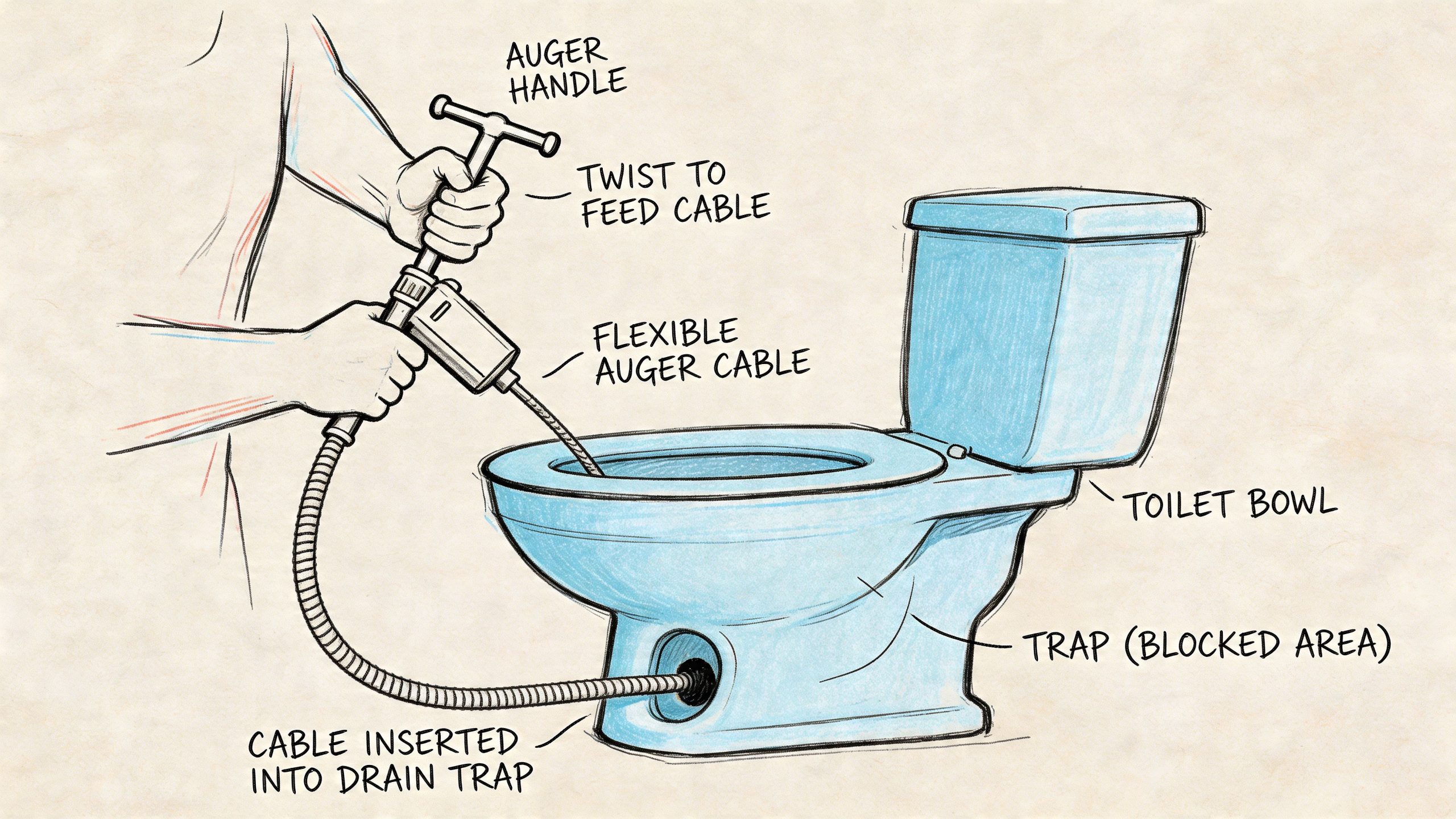A hand-drawn illustration showing how to use a toilet auger to clear a clogged toilet drain.