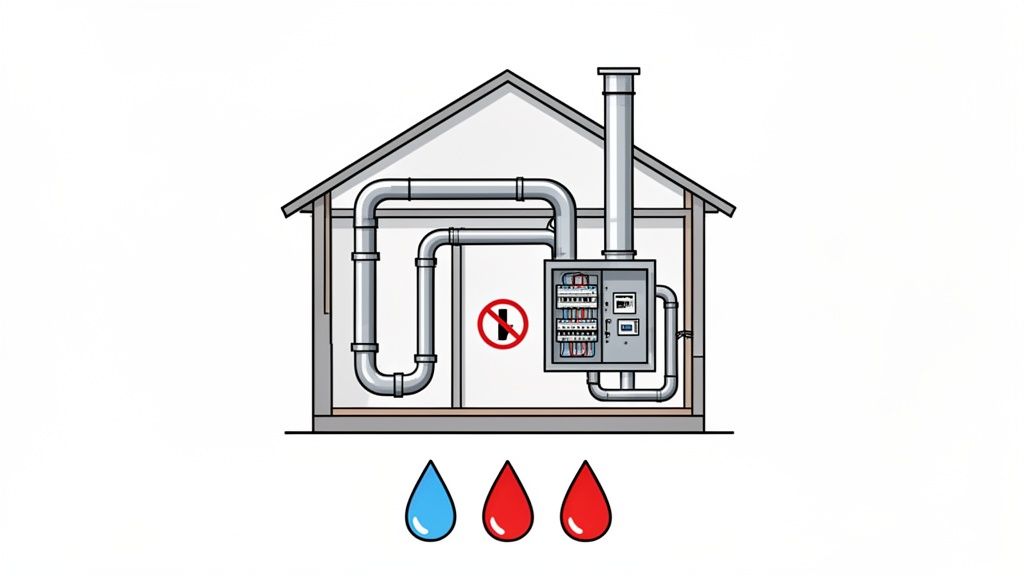 Cross-section of a house showing internal pipes, electrical panel, chimney, and water temperature indicators below.