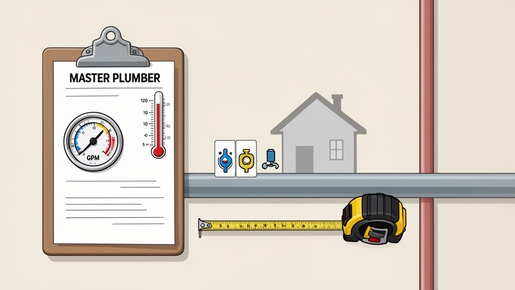 Illustration with a plumber's clipboard, water heater symbols, a house, pipes, and a measuring tape.