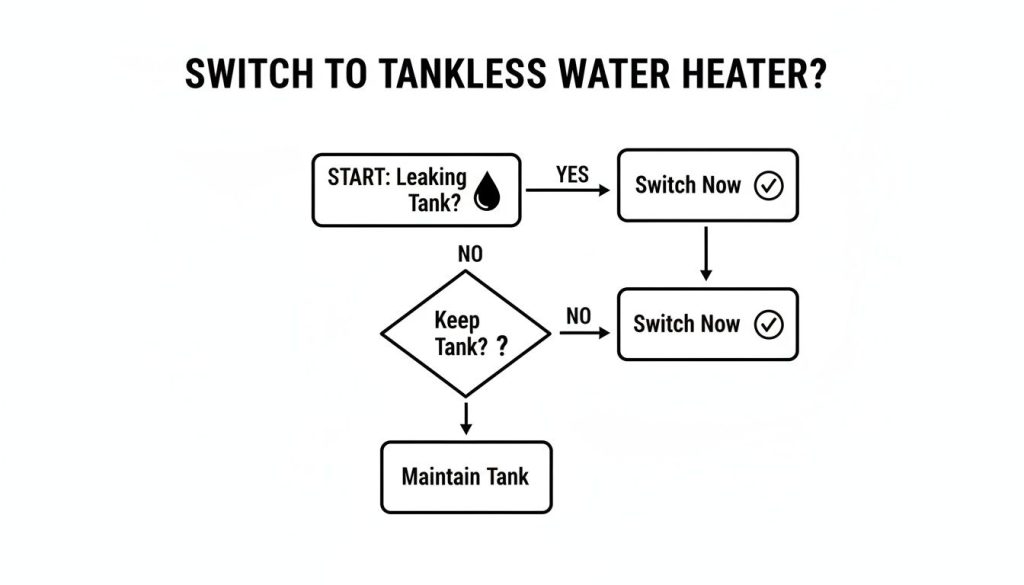 Flowchart detailing the decision process for switching to a tankless water heater based on tank leaks or preference.