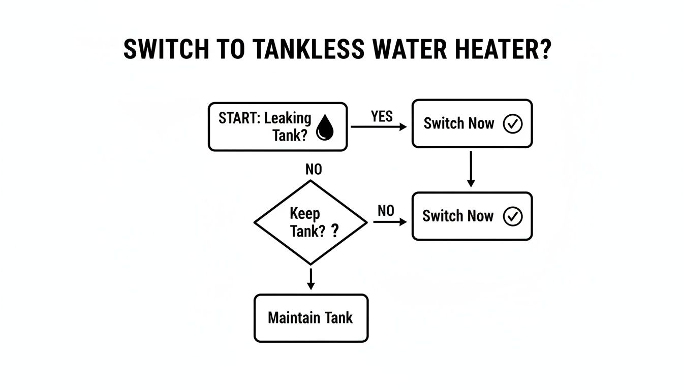 Flowchart detailing the decision process for switching to a tankless water heater based on tank leaks or preference.