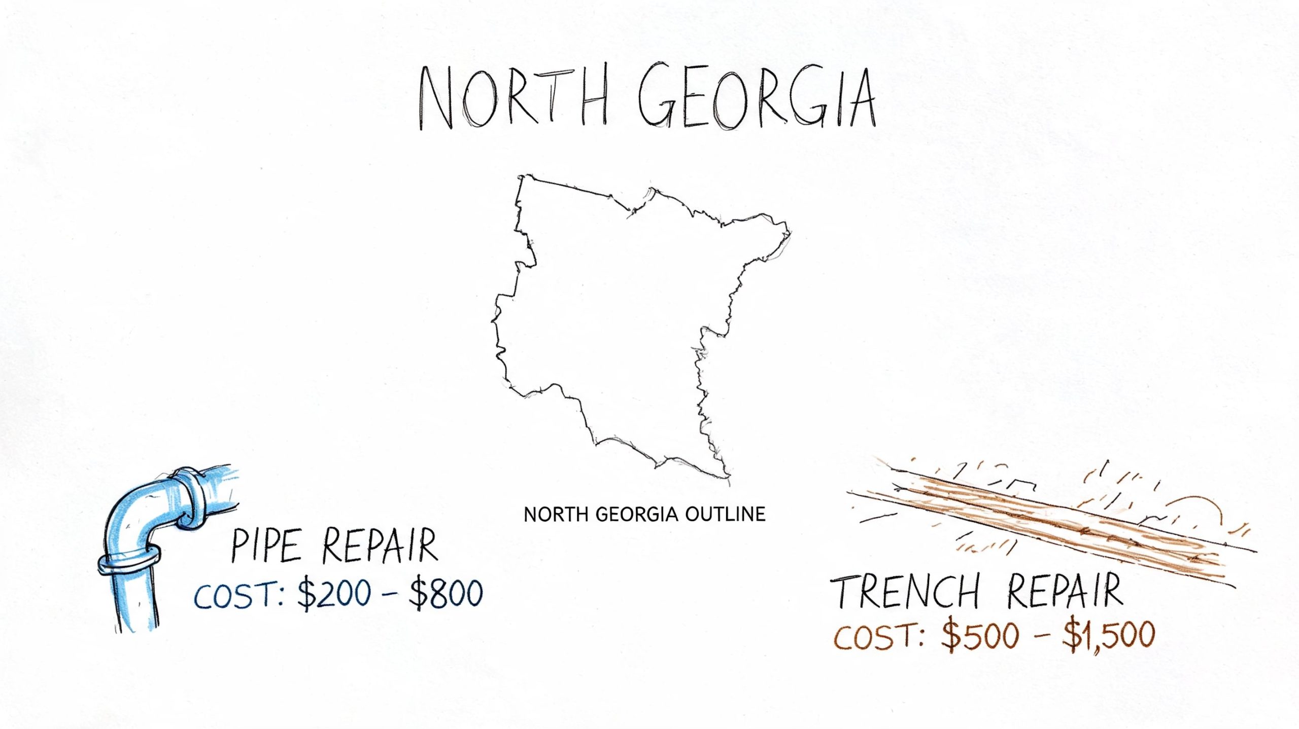 A hand-drawn illustration showing North Georgia outline with costs for pipe repair and trench repair services.