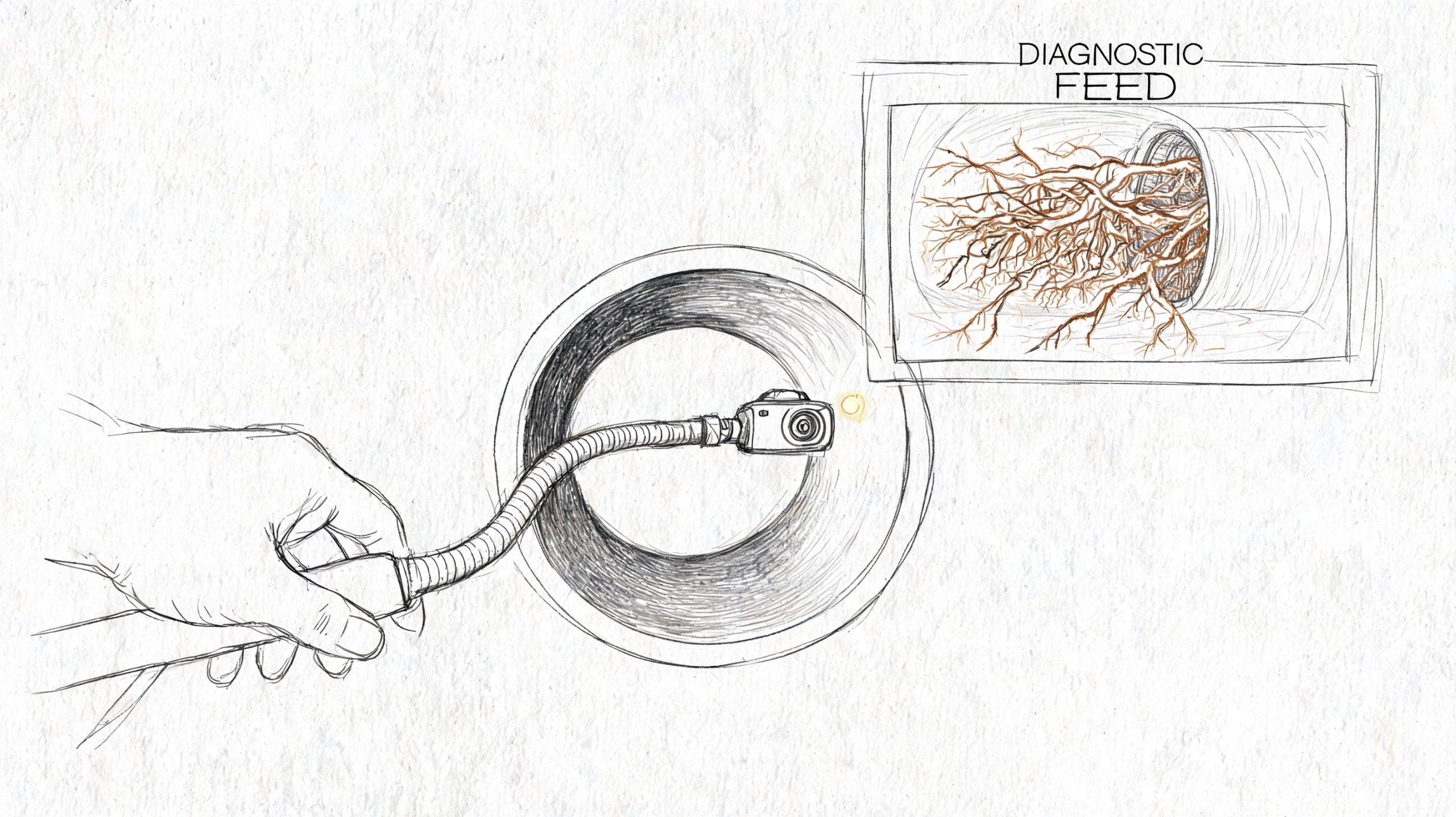 A hand guiding a flexible sewer camera probe into a pipe to inspect tree root intrusion inside.