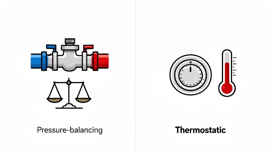 Diagram comparing pressure-balancing and thermostatic shower controls, featuring pipes, scales, dials, and thermometers.
