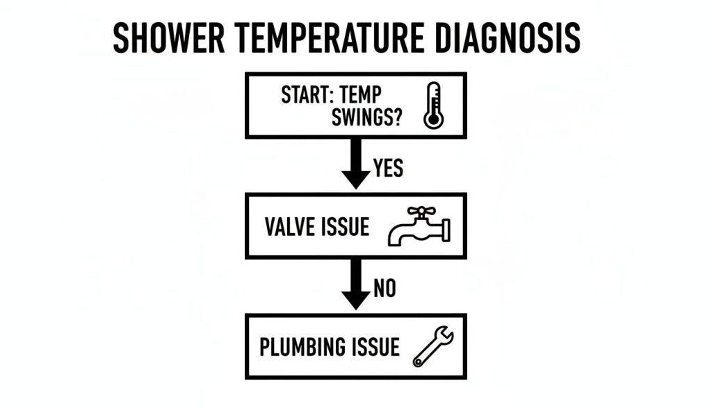 A diagnostic flowchart for shower temperature issues, indicating a valve problem if temperatures swing or a plumbing issue otherwise.