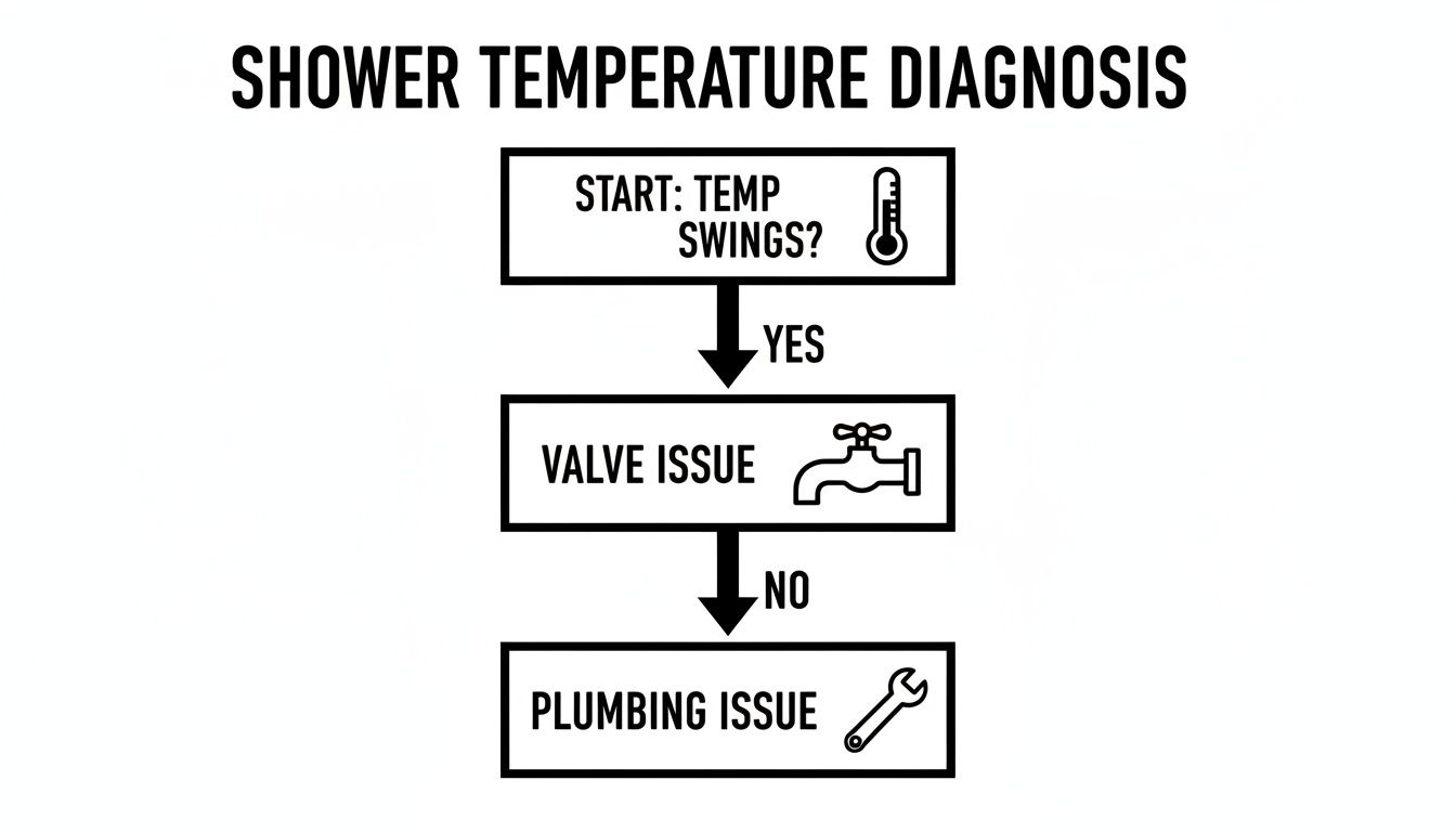 A diagnostic flowchart for shower temperature issues, indicating a valve problem if temperatures swing or a plumbing issue otherwise.