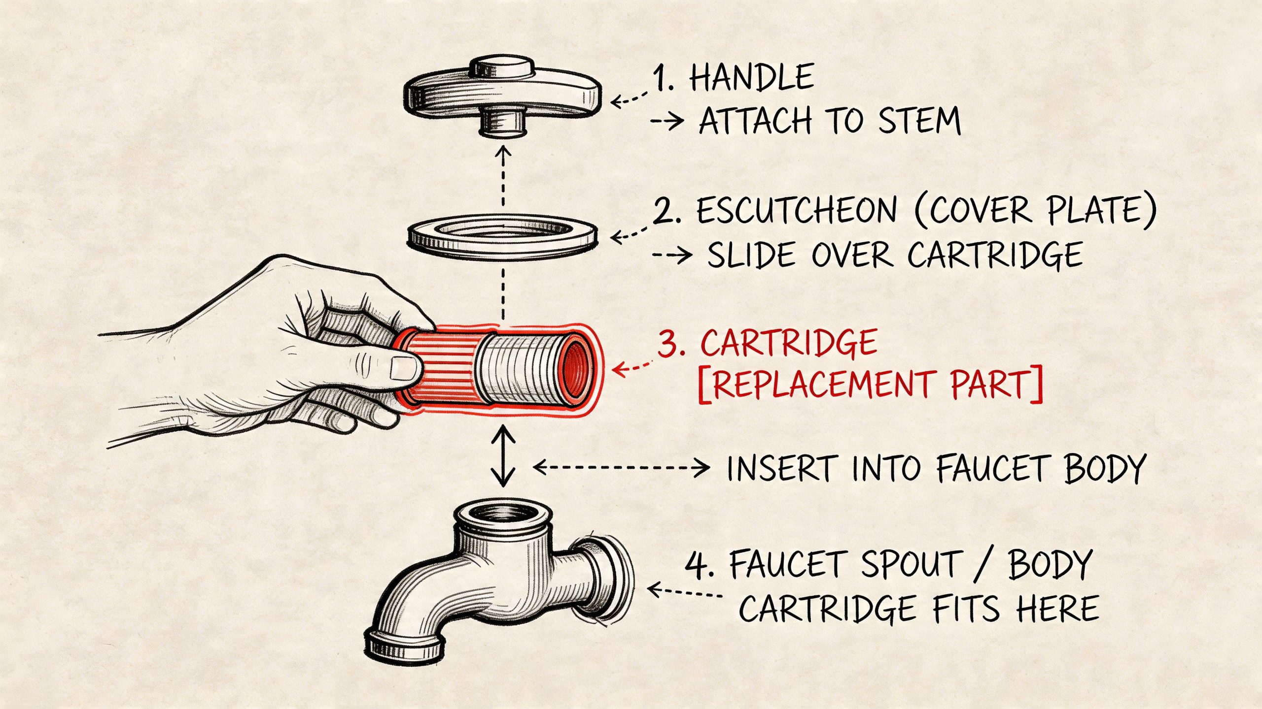 A diagram illustrating the step-by-step assembly and replacement process for a faucet cartridge component.