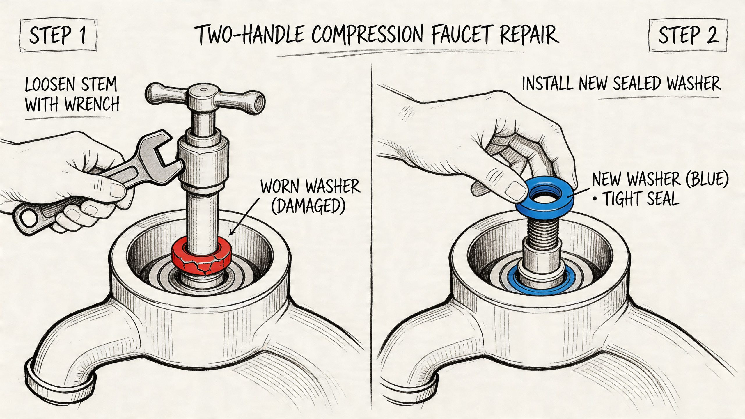 A two-step instructional illustration showing how to replace a worn washer in a compression faucet.