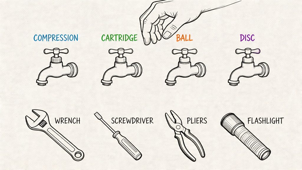An illustration showing four types of faucet mechanisms and common tools used for plumbing repairs.