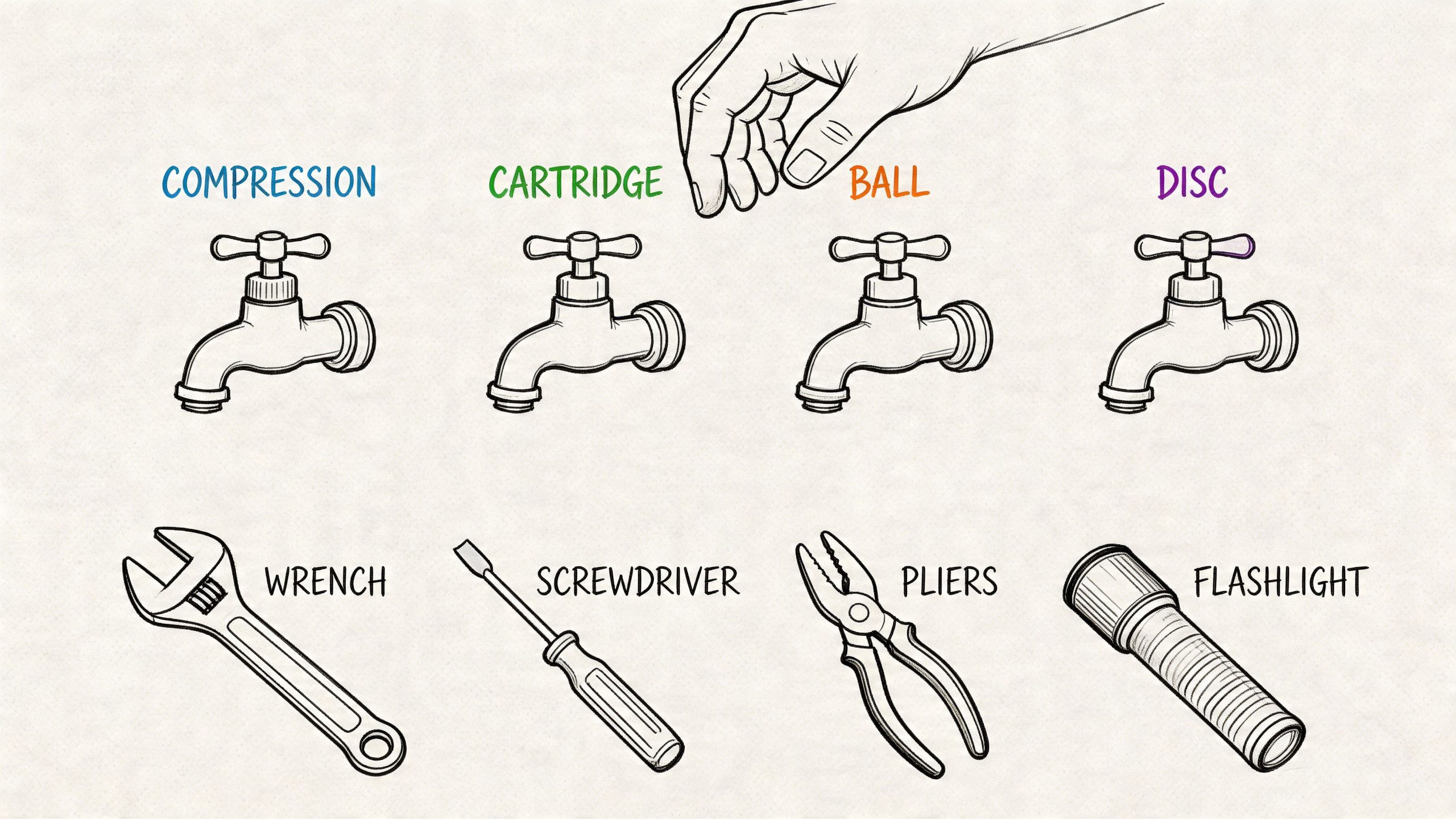 An illustration showing four types of faucet mechanisms and common tools used for plumbing repairs.