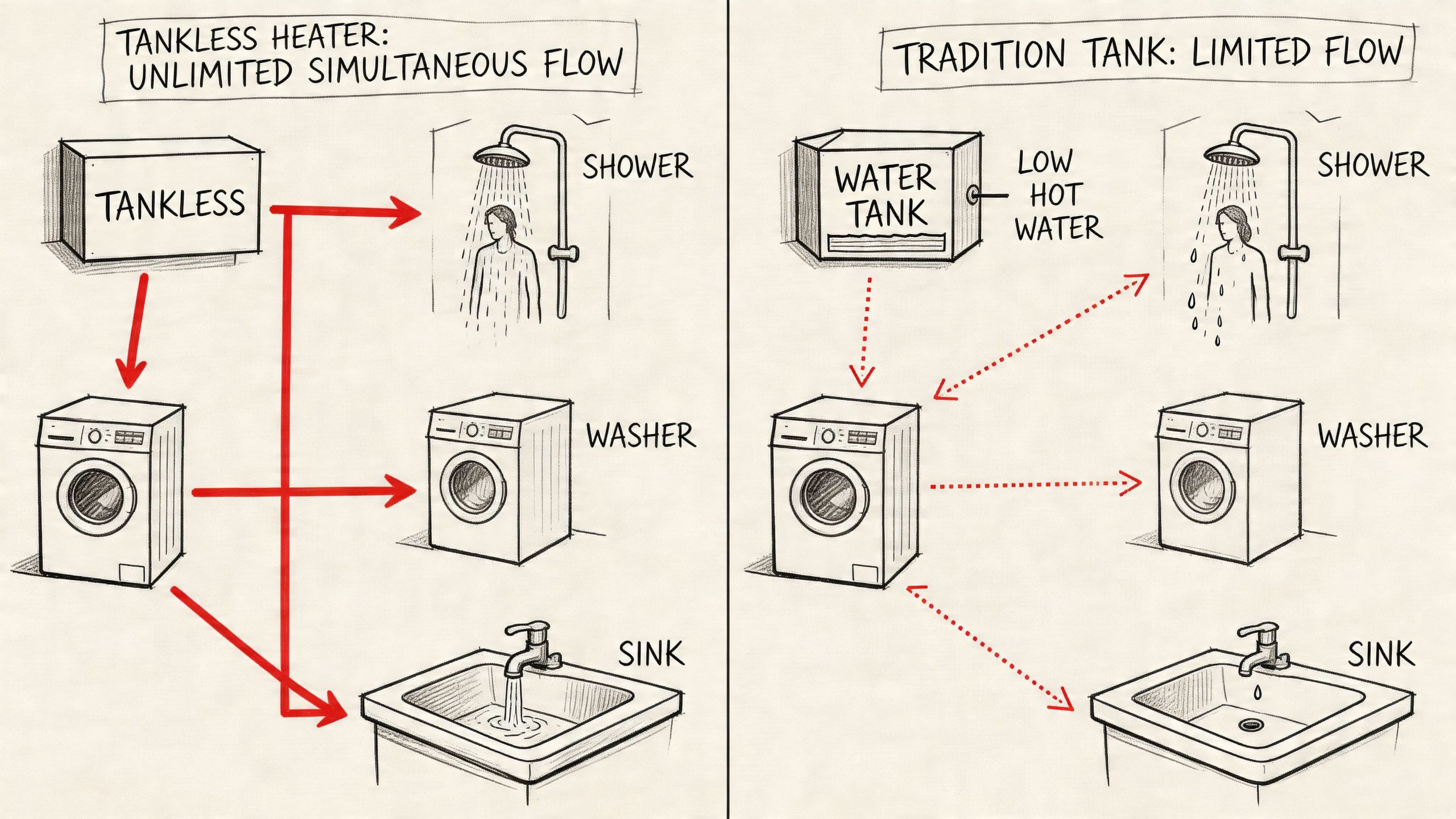 A diagram comparing the water flow capabilities of a tankless water heater versus a traditional water tank.