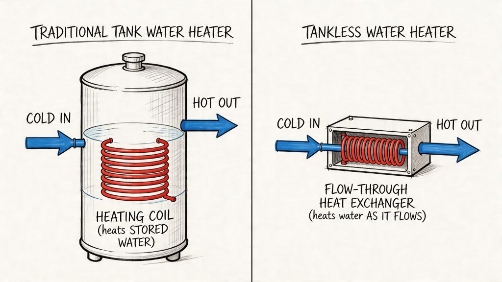 A diagram comparing the internal mechanisms of a traditional tank water heater and a tankless water heater.