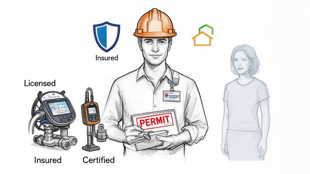 A qualified technician in a hard hat holds a permit, representing licensed, insured, and certified services for homeowners.