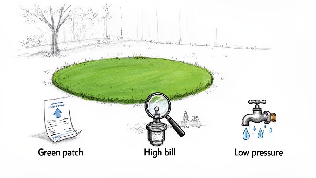 Cartoon illustration depicting three common indicators of a water leak: green patch, high bill, low pressure.