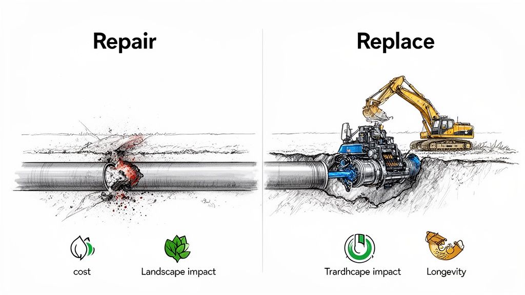 Diagram comparing two methods for fixing damaged underground pipes: repair and replacement, highlighting their respective impacts.