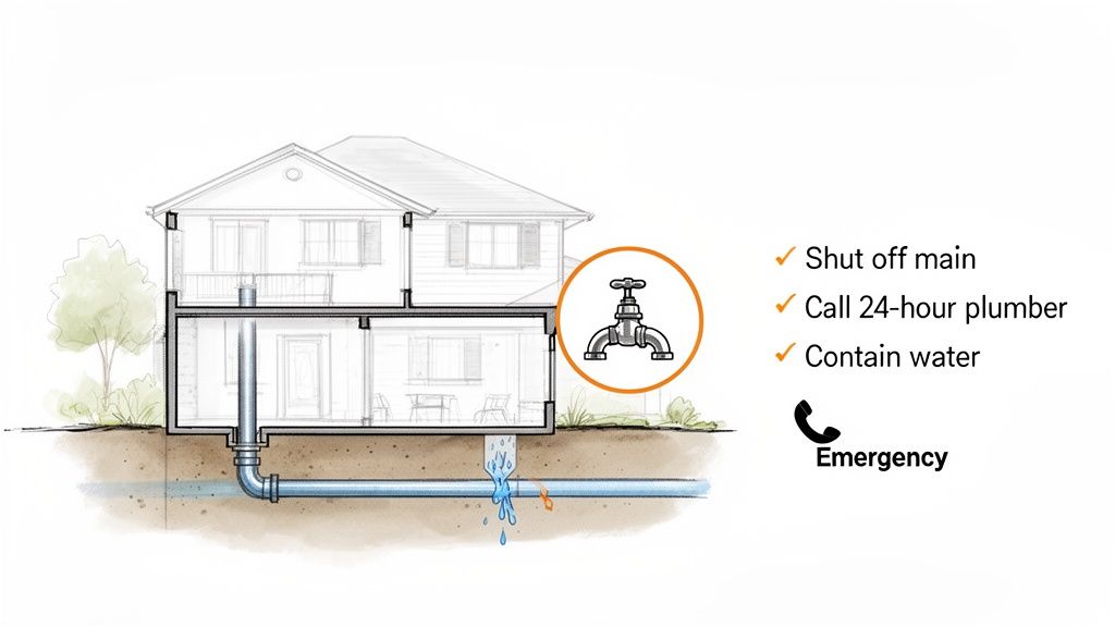 Illustration of a house with a leaking underground water main and steps for emergency plumbing.