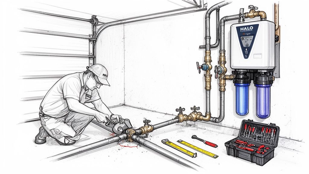 A technician installs a HALO whole home water filter system in a garage with various tools.