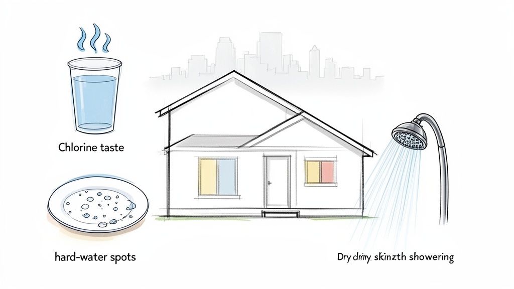 Illustration of common household water problems like chlorine taste, hard water spots, and dry skin from showering.