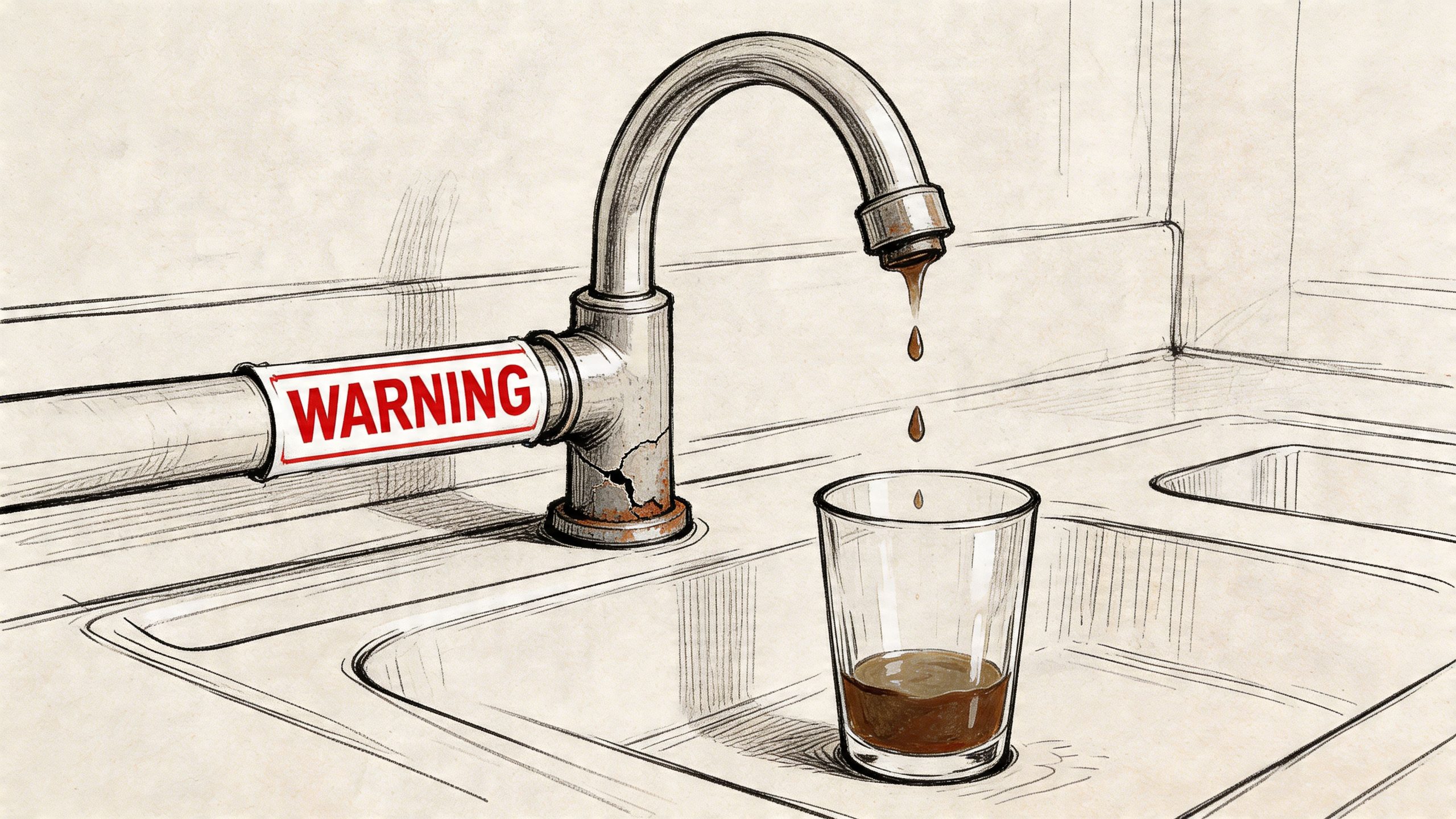 A corroded kitchen faucet labeled with a warning sign dripping dark, murky water into a glass.