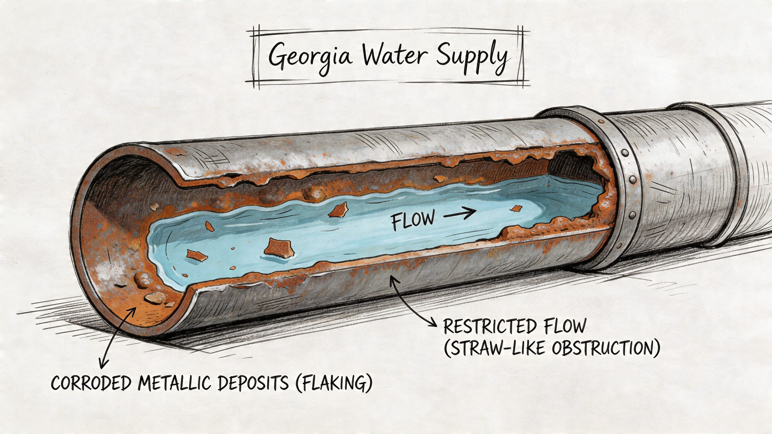 A cross-section illustration of a corroded water pipe showing metallic deposits and restricted water flow.