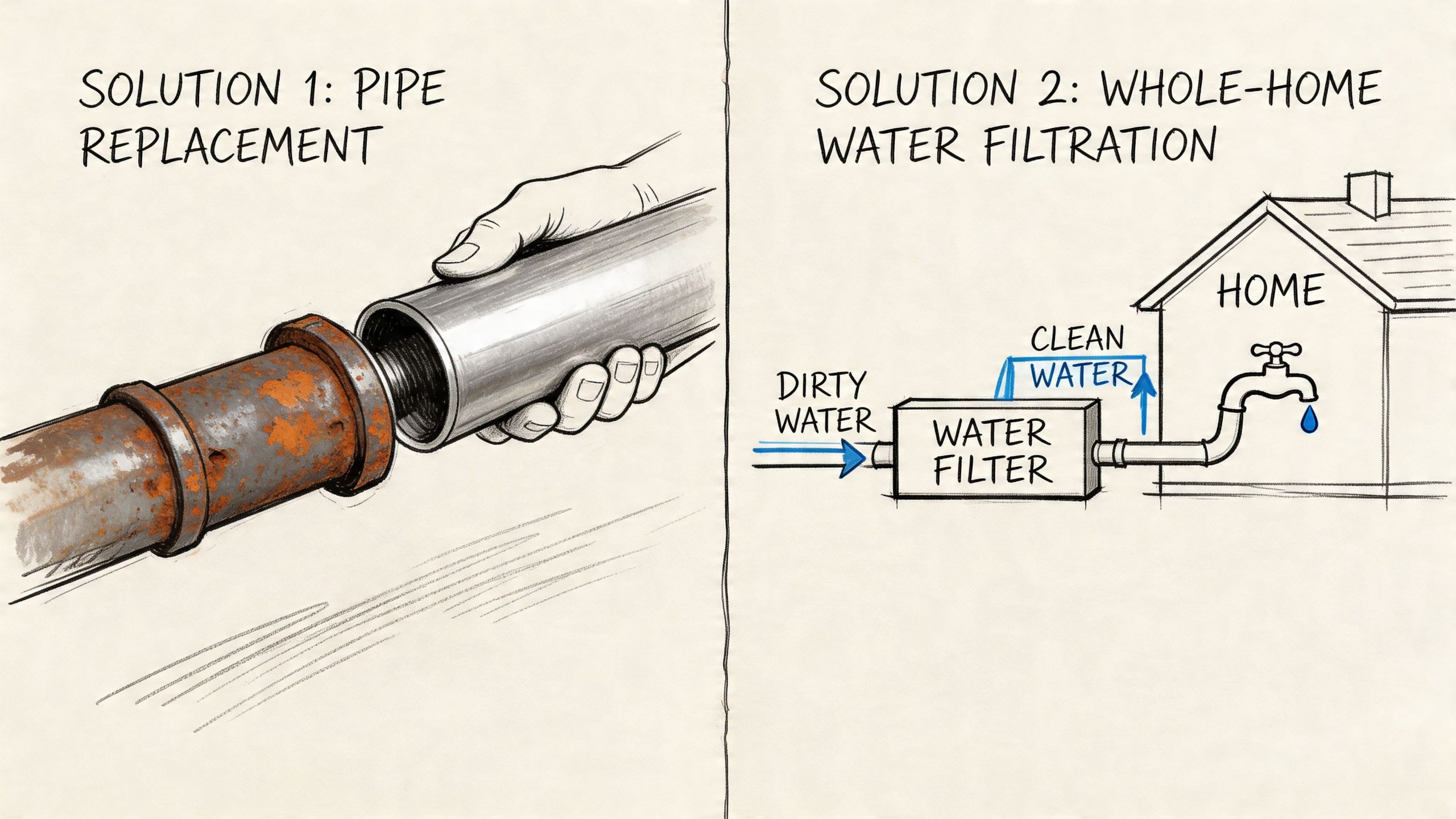 A diagram comparing pipe replacement and whole-home water filtration as solutions for plumbing issues.