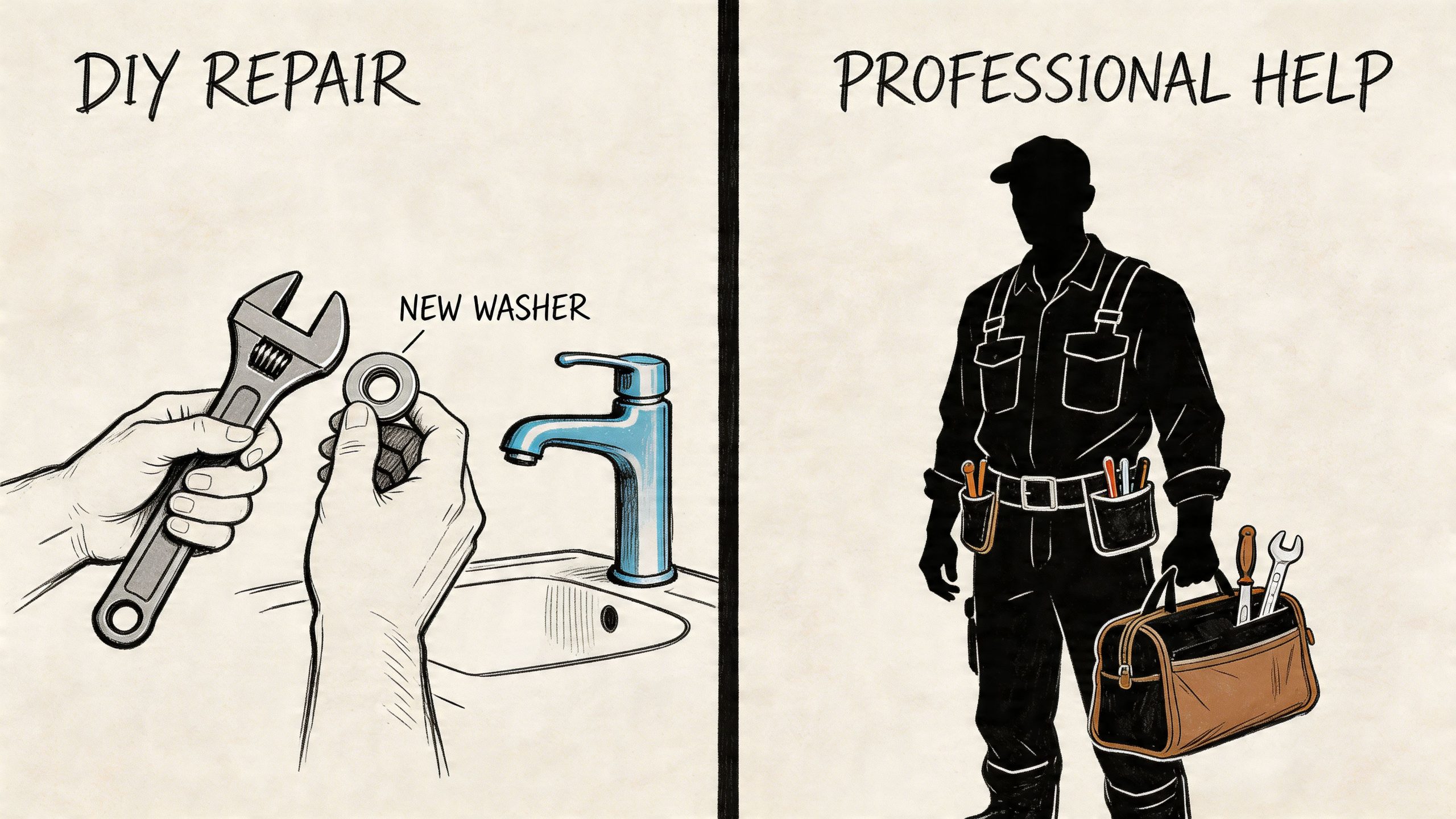 A split comparison illustration showing DIY faucet repair with a washer versus hiring a professional plumber.
